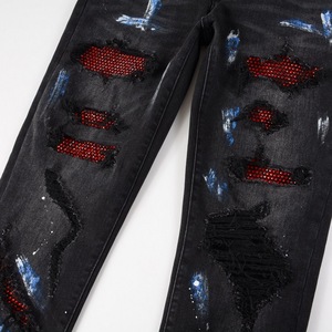 <span class=keywords><strong>Jeans</strong></span> da <span class=keywords><strong>Uomo</strong></span> di Alta Qualità Stile High Street, Pantaloni <span class=keywords><strong>Slim</strong></span> Fit con Strass, Effetto Distressed, Neri, Strappati e Patchwork, in Denim Elasticizzato - Product Image 2