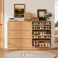 Meuble à chaussures étroit en bois massif WoodsWhisper, 3 tiroirs rabattables avec portes à lattes respirantes et capacité de 300 lb pour l'entrée.