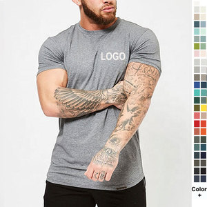 T-shirt en coton à manches courtes et col rond pour homme, coupe ajustée, avec logo imprimé sur le devant, jersey décontracté, respirant, couleur unie - Product Image 3