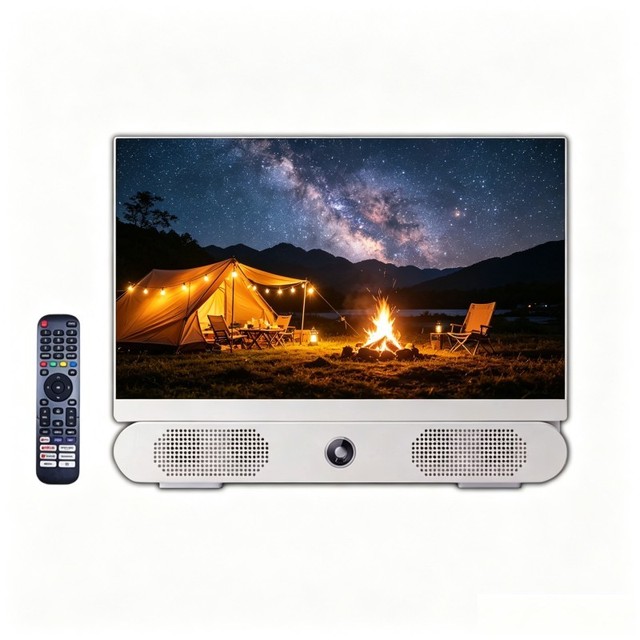 24 Inch Portable Smart Android LED TV FHD White  Rechargeable Large Battery Dual Speakers Solar Input 12V