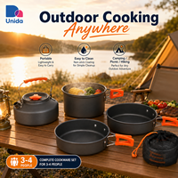 Ensemble de cuisine de camping portable pour 3-4 personnes avec casseroles, poêle, bouilloire, bols et sac de transport pour la cuisine en plein air