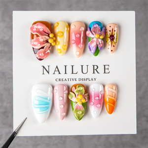 Faux ongles 3D faits main à presser, forme amande moyenne, collection Printemps-Été, style français, motif floral, goutte d'eau, ongles de créateur - Product Image 2