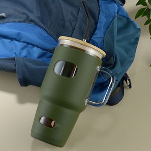 Road Trip Handled Glass Water Cup 32oz Shock Absorbing Silicone Cover Complete Bamboo Lid Metal Straw Kit for Outdoor Use - Product Image 4