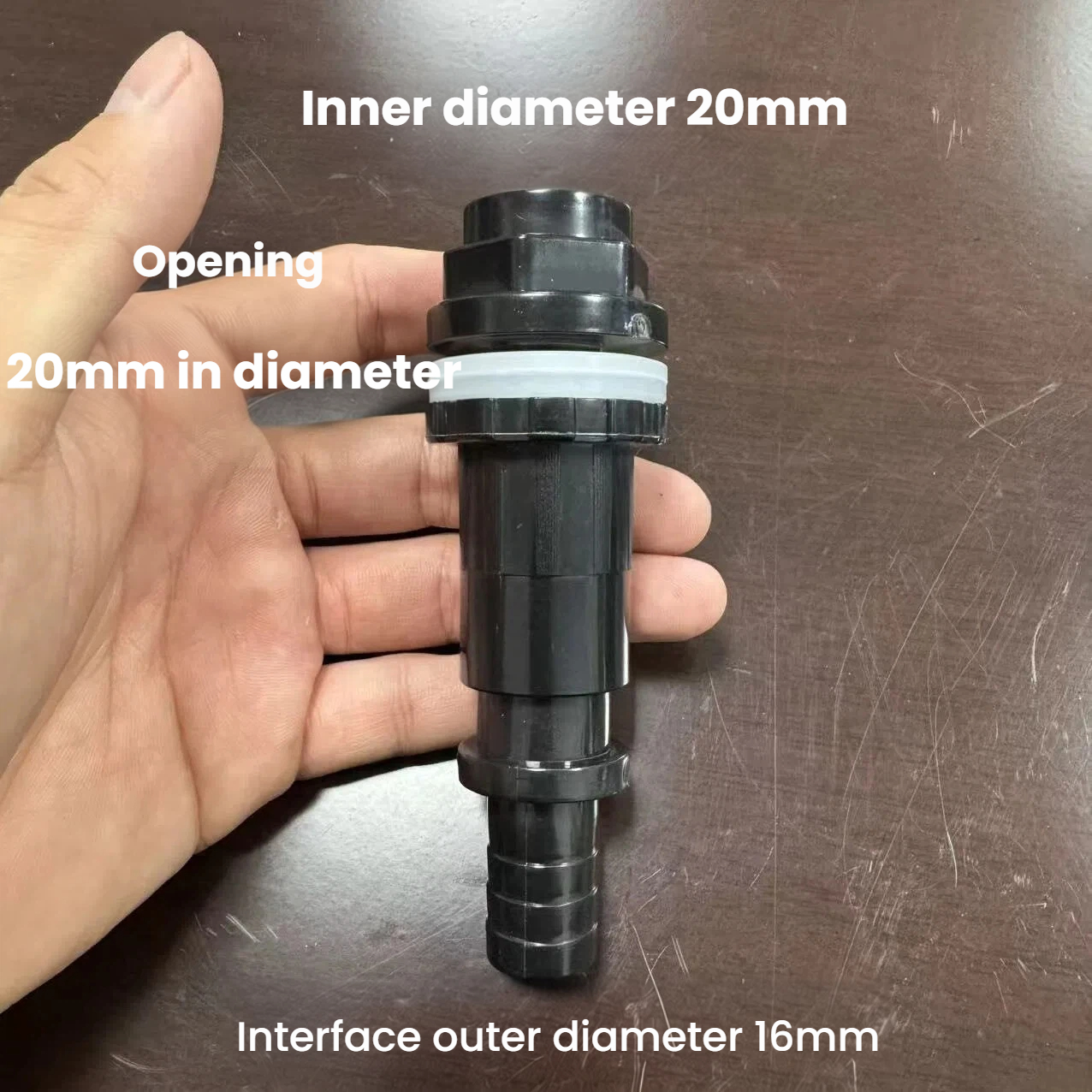 เส้นผ่านศูนย์กลางรูดำ 20 มม. เส้นผ่านศูนย์กลางภายนอกของข้อต่อแบบบาร์บ 16 มม.