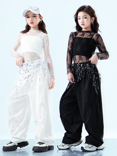 Girls Jazz Dance Costume Black White Lace Sheer Top Sequin Hip Scarf Tassel Baggy Pants Children Stage Performance Outfit