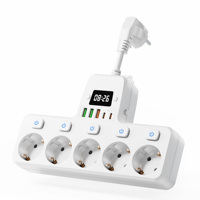 Multiprise européenne 5 prises Schuko 3 USB-A 2 Type C 15W avec affichage de l'heure et interrupteurs individuels, rallonge pour la maison