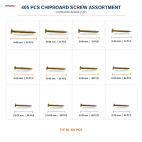 Assortiment de vis pour aggloméré 405 pièces, vis à bois YZP plaquées zinc jaune, kit de tailles variées pour la construction et l'assemblage de meubles
