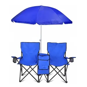 उच्च गुणवत्ता वाली फोल्डेबल चेयर नीली नारंगी कैम्पिंग 2-3 लोग कैम्पिंग मछली पकड़ने वाली समुद्र तट कुर्सी छाता के साथ