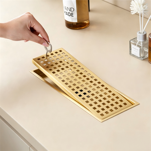 Drain de douche en or brossé 12x4 pouces avec grille et filtre à cheveux amovible en acier inoxydable 304 pour salle de bain - Product Image 2