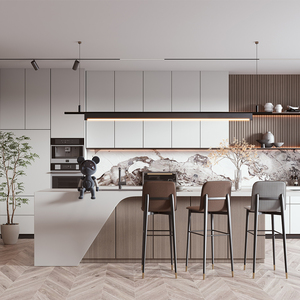 Armoire de cuisine minimaliste en crème et bois avec panneau cannelé et étagères en verre, idéale pour une cuisine moderne de style simple - Product Image 1
