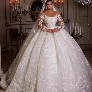 LY-WD0414 Abito da <span class=keywords><strong>Sposa</strong></span> Stile Principessa Gonna da <span class=keywords><strong>Sposa</strong></span> in Pizzo con Maniche Lunghe Sexy Elegante con Coda Lunga Taglia Personalizzabile - Product Image 2