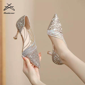 Nuovi <span class=keywords><strong>tacchi</strong></span> a spillo con strass con cinturino cavo basso taglie forti da donna nuovi sandali con paillettes lucenti estivi a punta scarpe con tacco - Product Image 1