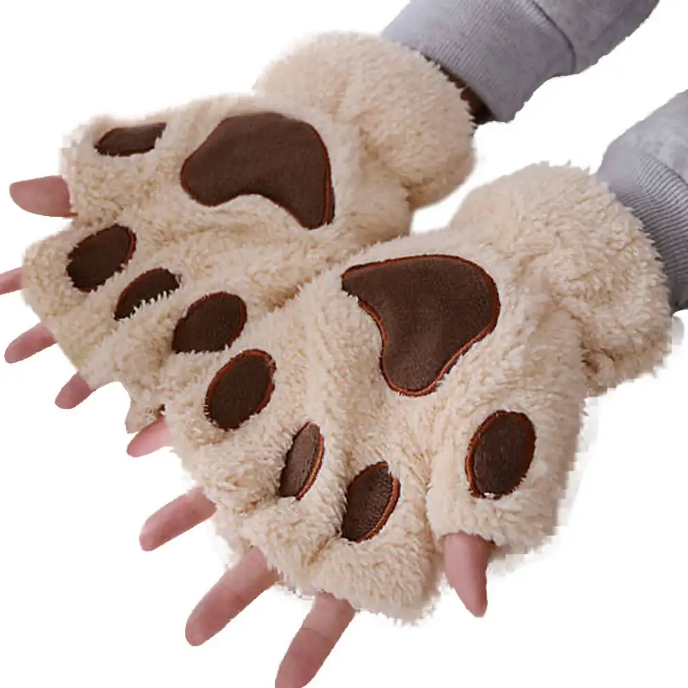 High Quality Women Girl Lovely Winter Cute Mitten Soft Half Finger Gloves Warm Cat Paw Claw Plush Fingerless Gloves