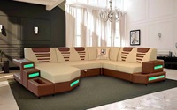 Nouveau canapé de salon en cuir véritable au design moderne, garni d'éponge, multifonctionnel, en forme de U, avec éclairage LED, canapé sectionnel