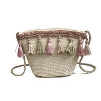 Nouveau Sac de Plage en Paille 2019 pour Femme, Sac Seau Décontracté d'Été avec Pompon et Chaîne, Sac à Bandoulière Bohème pour Adolescentes