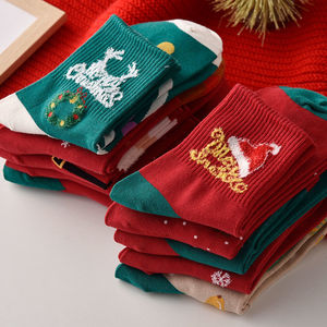 Chaussettes en coton pour femmes, motif Noël, vente en gros, dessin animé Père Noël, chaussettes <span class=keywords><strong>de</strong></span> fête, technique tricotée, logo intégré, automne - Product Image 5