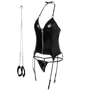 Nieuwe Europese Amerikaanse stijl ODM lederen spandex glanzende bodysuit nachtclub patentleren kousenband sexy lingerie voor dames - Product Image 2