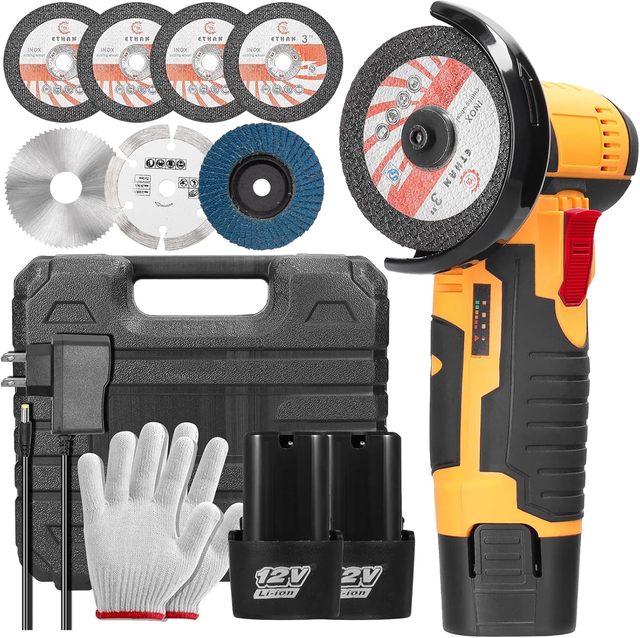 Cordless Brushless Angle Grinder 19500rpm with Trigger Switch and 2 Grinding Wheels for DIY Metal Stone Wood Concrete