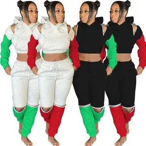 EB-2022250 yeni ürünler fikirler rahat Patchwork kalın koşu bayanlar polar eşofman kış iki parçalı kıyafetler Hoodies ter takımları