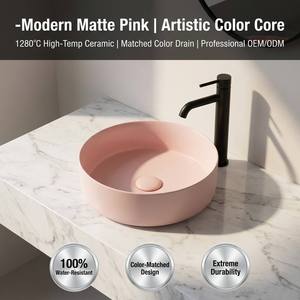 <span class=keywords><strong>Lavabo</strong></span> de Cerámica <span class=keywords><strong>Circular</strong></span> Minimalista Rosa Pastel con Borde Delgado para Encimera, con Válvula de Desagüe Automática de Cerámica y Borde Liso para el Hogar - Product Image 1