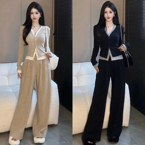 Women's Knitted Two-Piece Set Full Sleeve Splicing High Waist Wide Leg Pants Solid Color Casual Suit Apricot Black - Product Image 1