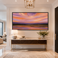 Peinture à l'huile sur toile panoramique abstraite surdimensionnée personnalisée, paysage de coucher de soleil, ciel orange et violet, art mural pour hôtel, salon, décoration de la maison