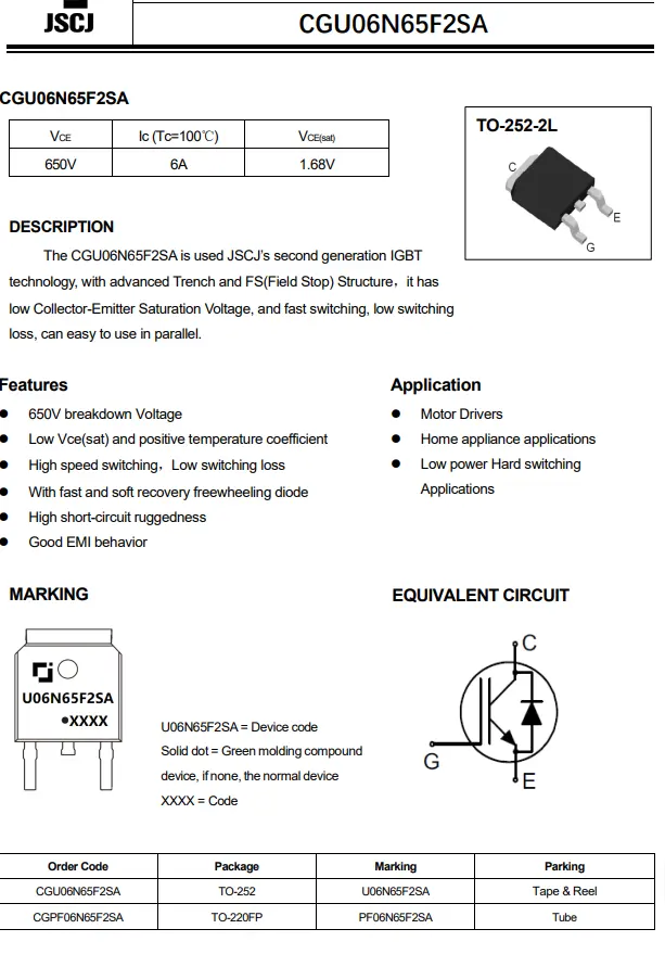 O CGU06N65F2SA é usado JSCJs segunda geração IGBT