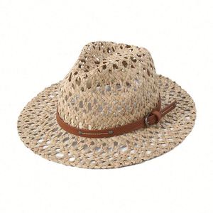 2025 Hand Woven Straw Fedora <b>Hat</b> Plum Grass Flat Brim Hollow Sun <b>Hat</b> Panama <b>Hat</b> - Product Image 5