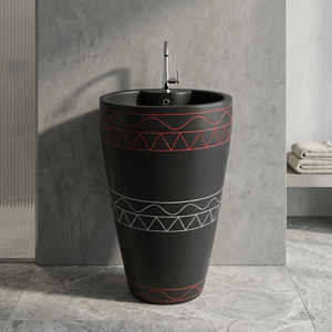 Lavabo de pedestal de una pieza con estampado negro, lavabo de pedestal de lavado dorado de cerámica de alta calidad de China, nuevo diseño, baño montado en el suelo - Product Image 1