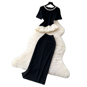 Women's Haute Summer Beaded Round Neck Irregular Short Sleeve Top High Waisted Wrap Hip <b>Skirt</b> 2 Piece Set Fashion - Product Image 5