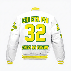 เสื้อแจ็คเก็ต Letterman สำหรับผู้ชาย แบรนด์ CHI ETA PHI สำหรับฤดูใบไม้ร่วงและฤดูหนาว เป็นมิตรกับสิ่งแวดล้อม ระบายอากาศได้ดี มีโลโก้ด้านหน้า ปรับแต่งได้ สวมใส่สบายๆ - Product Image 1