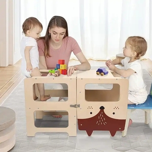 Tabouret de cuisine pour tout-petits, tour d'apprentissage en bois avec tableau noir, ensemble table et chaise pliables pour tout-petits - Product Image 1
