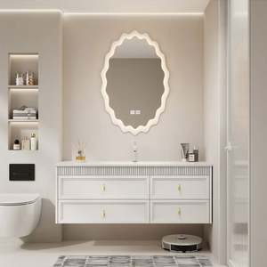 French Cream Style Modern <b>Wood</b> Bathroom <b>Vanity</b> with Ceramic Basin Lacquer Finish LED Mirror Wall-Mounted Design - Product Image 3