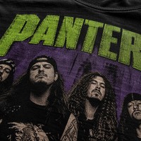 T-shirt en jersey graphique vintage noir long, 100 % coton, 300 grammes, imprimé Pantera, lettres vert citron, membres du groupe, streetwear