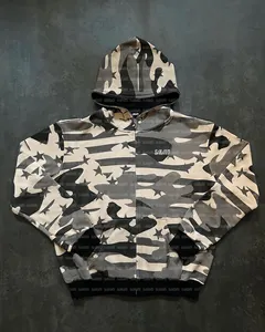 Jaket Hoodie kamuflase kustom 350GSM Baggy Boxy poliester berat Semua di atas sublimasi cetak wajah penuh Zip Up Hoodie Camo untuk pria