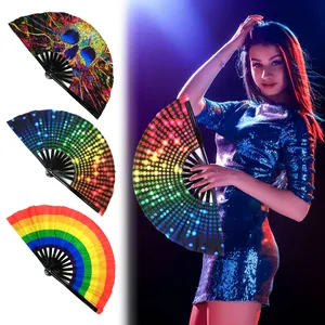 Sufficient Stock 2024 Large Hand Fan 33cm Bamboo Fabric Folding Fan With Costom Pattern Bamboo Hand Holding Fan Costom Logo