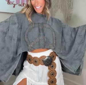 Camiseta Vintage con Estampado Gráfico para Mujer, Estilo Boho, Floral, con Parches de Chifón, Manga Murciélago, Blusa Holgada Informal de Verano, Talla Grande - Product Image 6