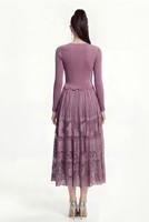 Robe plissée élégante pour femme, printemps-automne, taille naturelle, mi-longue, ceinture, décoration florale unie, col rond, manches longues, patchwork