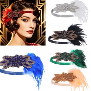 Gatsby Feather <b>Headband</b> Women Vintage <b>Beaded</b> Hair Band Roaring 20s Costume Headpiece For Halloween Masquerade Theme Party - Product Image 1