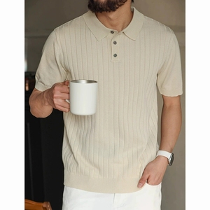 <span class=keywords><strong>T</strong></span>-<span class=keywords><strong>shirt</strong></span> décontracté ample à manches courtes pour <span class=keywords><strong>homme</strong></span> en coton/élasthanne tricoté uni respirant avec boutons et col rond, 180g, logo au dos - Product Image 3