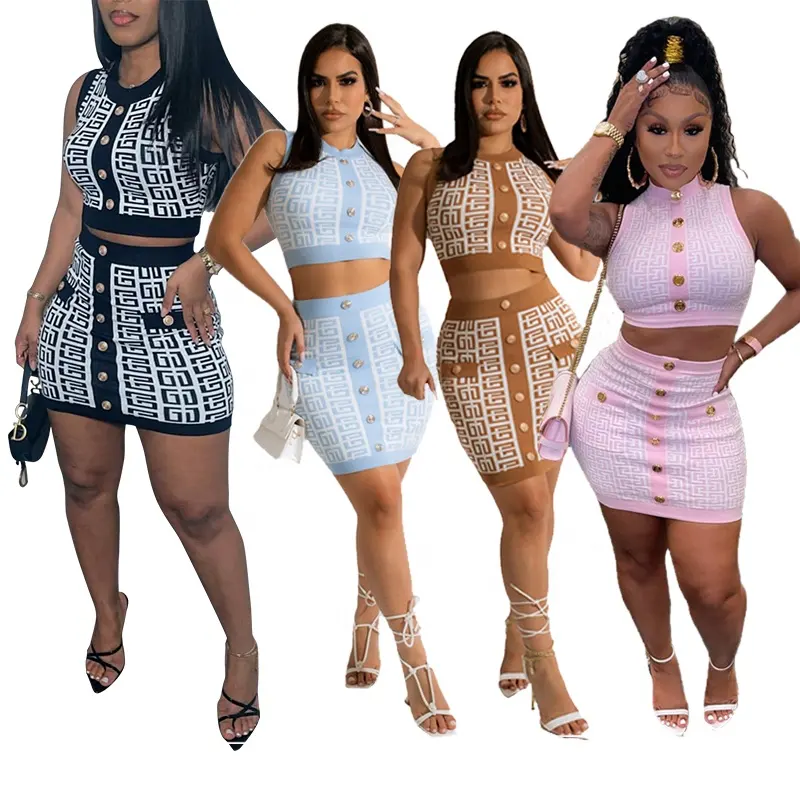 Ladies 2 Piece Crop Top And Skirt Knitted Set Women Summer 2023 Y2K Modest Midi Short Skirt Two Piece Co Ord Set Women