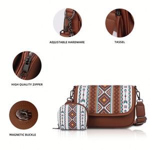 Sac messager en toile pour femme, style bohème ethnique, sac à bandoulière en PU avec pompon - Product Image 2