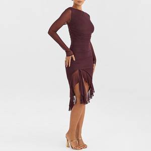 Vestido Midi Asimétrico de Estilo Europeo Americano, Sexy, con Cuello Redondo, Manga Larga, Ajustado, con Detalles de Malla, para Otoño - Product Image 2