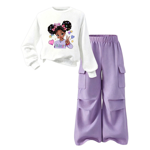 Conjunto de Ropa para Niñas Pequeñas, Sudadera Blanca con Cuello Redondo y Estampado de Dibujos Animados, Pantalones Cargo, Ropa para Exteriores, Venta al Por Mayor - Product Image 4