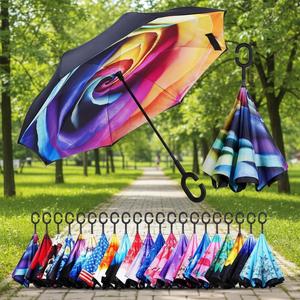 Wholesale Custom Logo Printed Double Fabric Windproof C Shape Handle Upside <b>Down</b> Inverted Reverse Rain Umbrella - Product Image 1