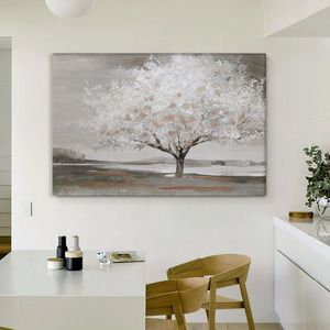 <span class=keywords><strong>Tableau</strong></span> mural sur toile semi-peint à la main, motif <span class=keywords><strong>arbre</strong></span> <span class=keywords><strong>en</strong></span> fleurs, avec cadre <span class=keywords><strong>en</strong></span> bois intégré, peinture décorative aux tons neutres - Product Image 2