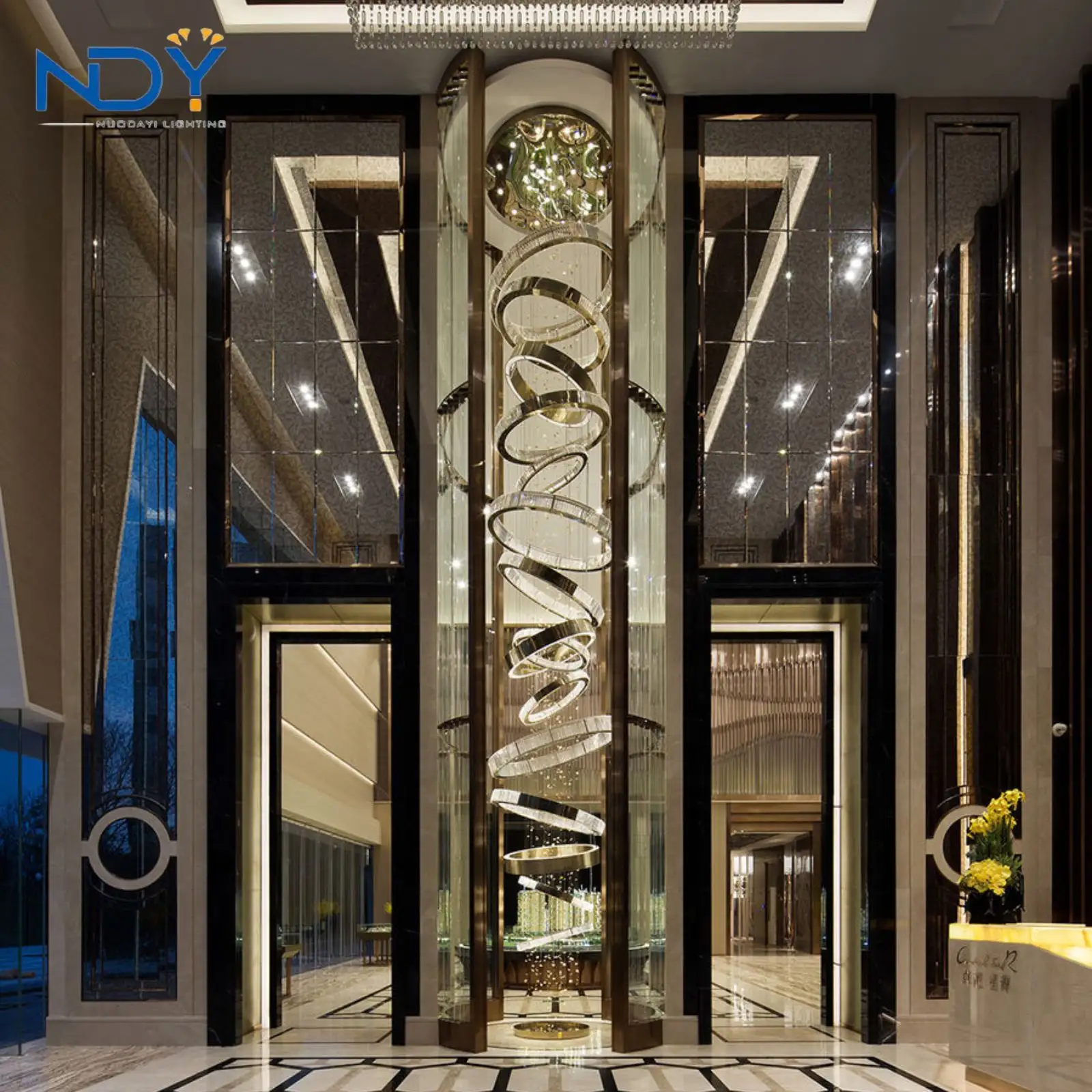 대형 럭셔리 긴 샹들리에 현대 호텔 로비 빌라 계단 장식 사용자 정의 큰 원형 반지 크리스탈 샹들리에