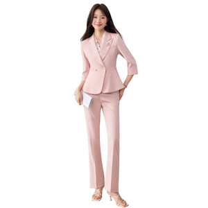 Women's Suit Set Pink Blue Three Quarter Sleeve Blazer Pants Casual Work Wear Anti Wrinkle Worsted Fabric - Product Image 5