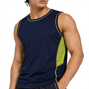 Trending Men's Navy Sleeveless Tank <b>Top</b> Neon Green <b>Mesh</b> Panel O-Neck Casual Knitted Polyester/Cotton Breathable Eco-Friendly - Product Image 1
