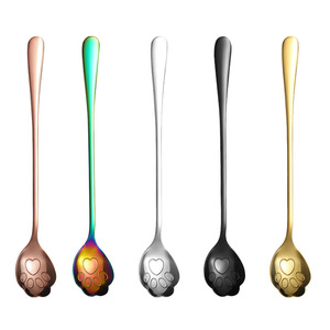Cuillère à café en acier inoxydable en forme de patte de chat, cuillère à long manche pour mélanger le café, cuillère à dessert, cuillère à glace, style rétro de luxe - Product Image 1